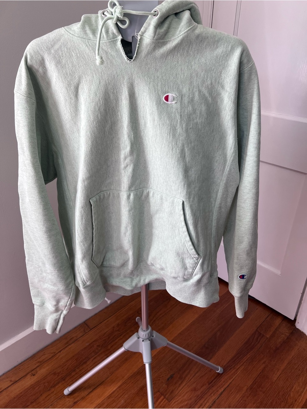 Champion Men’s Mint Green Crewneck Hoodie reverse weave.
